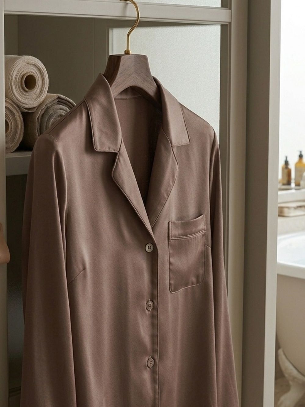 SKIMS Woven Shine Long Sleeve Sleep Shirt - Sienna - Size M - NWT - Picture 3 of 8